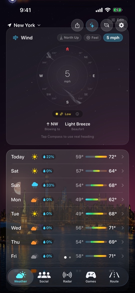 Wind compass and week forecast cards