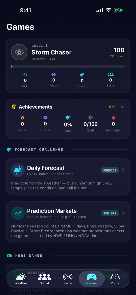 Games tab with level, achievements and daily challenges