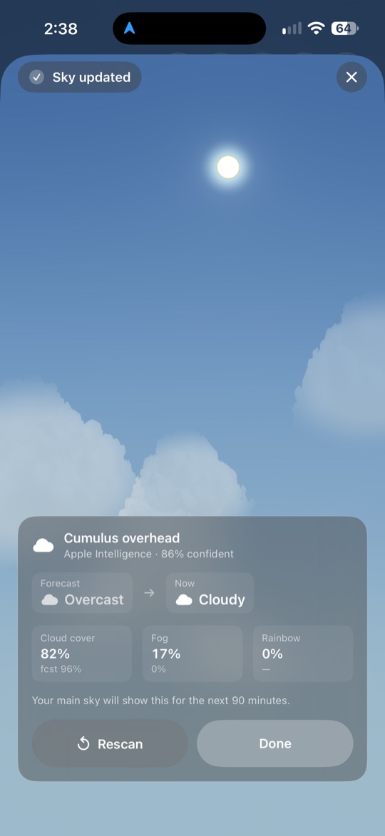 Sky Scan result identifying cumulus clouds overhead