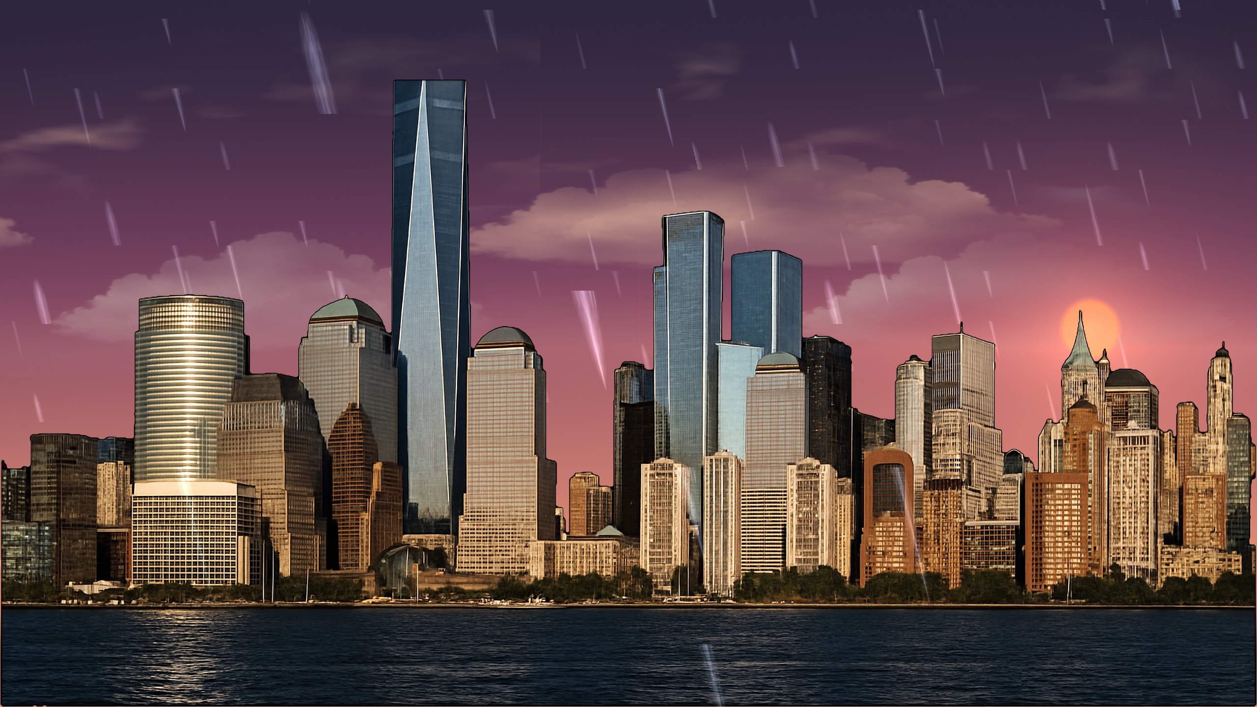 Sunset weather scene over the New York skyline rendered by the Breeze weather engine