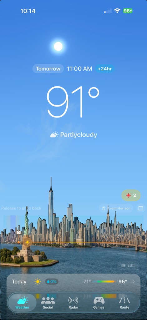 Breeze showing a clear 91° morning over the Statue of Liberty and lower Manhattan