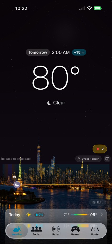 Breeze showing a clear 80° night with the Manhattan skyline lit up at 2 AM