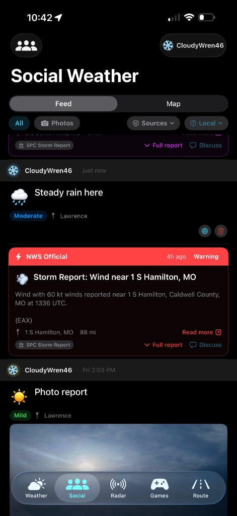 Feed mixing citizen reports with official NWS storm reports