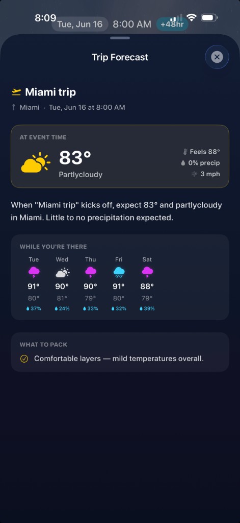 Trip Forecast detail showing weather at event time, a five-day destination outlook, and a what-to-pack tip