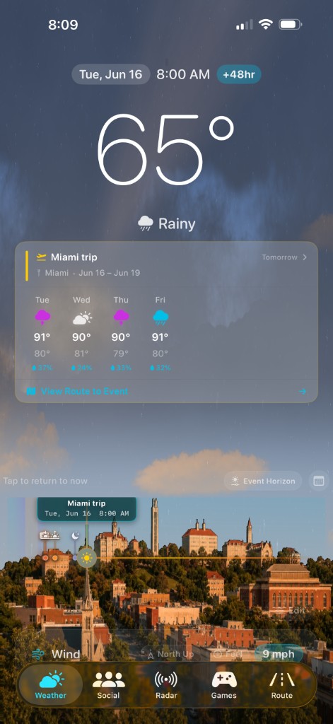Event Horizon time scrubber with a Miami trip destination card on the main weather view
